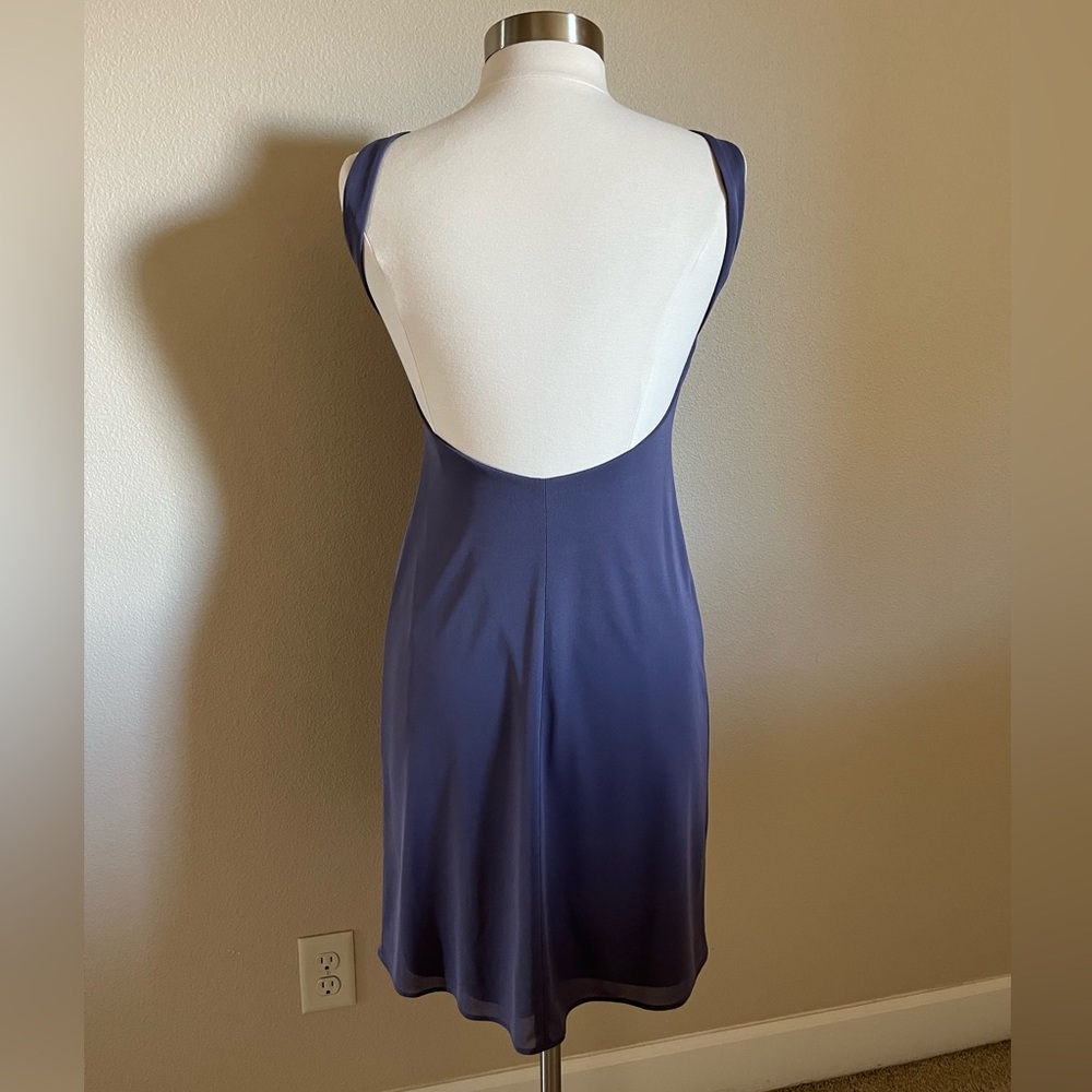 Laundry by Shelli Segal bateau neck, low-back dress in unique purple/grey color.